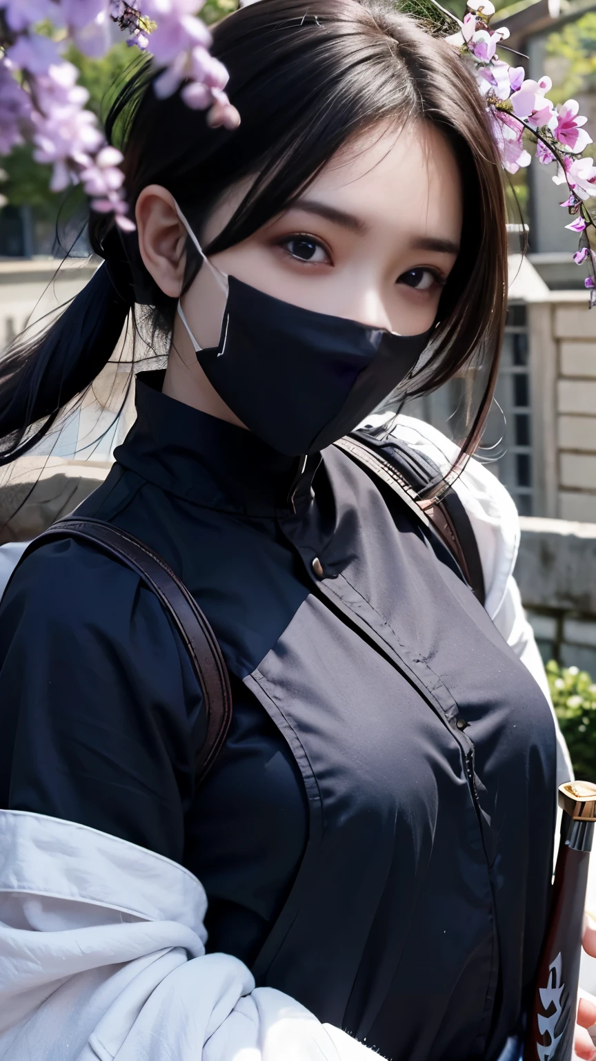 Realistic, Super detailed, High resolution, highest quality, Super detailedな,1 Female , Official Art, unity 8k wallpaper, Super detailed, Beautiful and aesthetic, Beautiful Menhera, masterpiece,( Super busty breasts:1.5,Small waist)、Glowing Skin,masterpiece, wonderful, (CG illustration),Asian, Ultra-realistic textured face and skin、Accurate anatomy、黒のNinja服、Blue gradient hair, Grey Eyes, Indifference, bangs,((Ninja, Plastic mask))、sword, Red and white outfit, Facial details、Purple eye makeup、Dynamic Pose、Dynamic Action、Dynamic Angle、Detailed Background、Wisteria flower、Degrees of Freedom:1.3