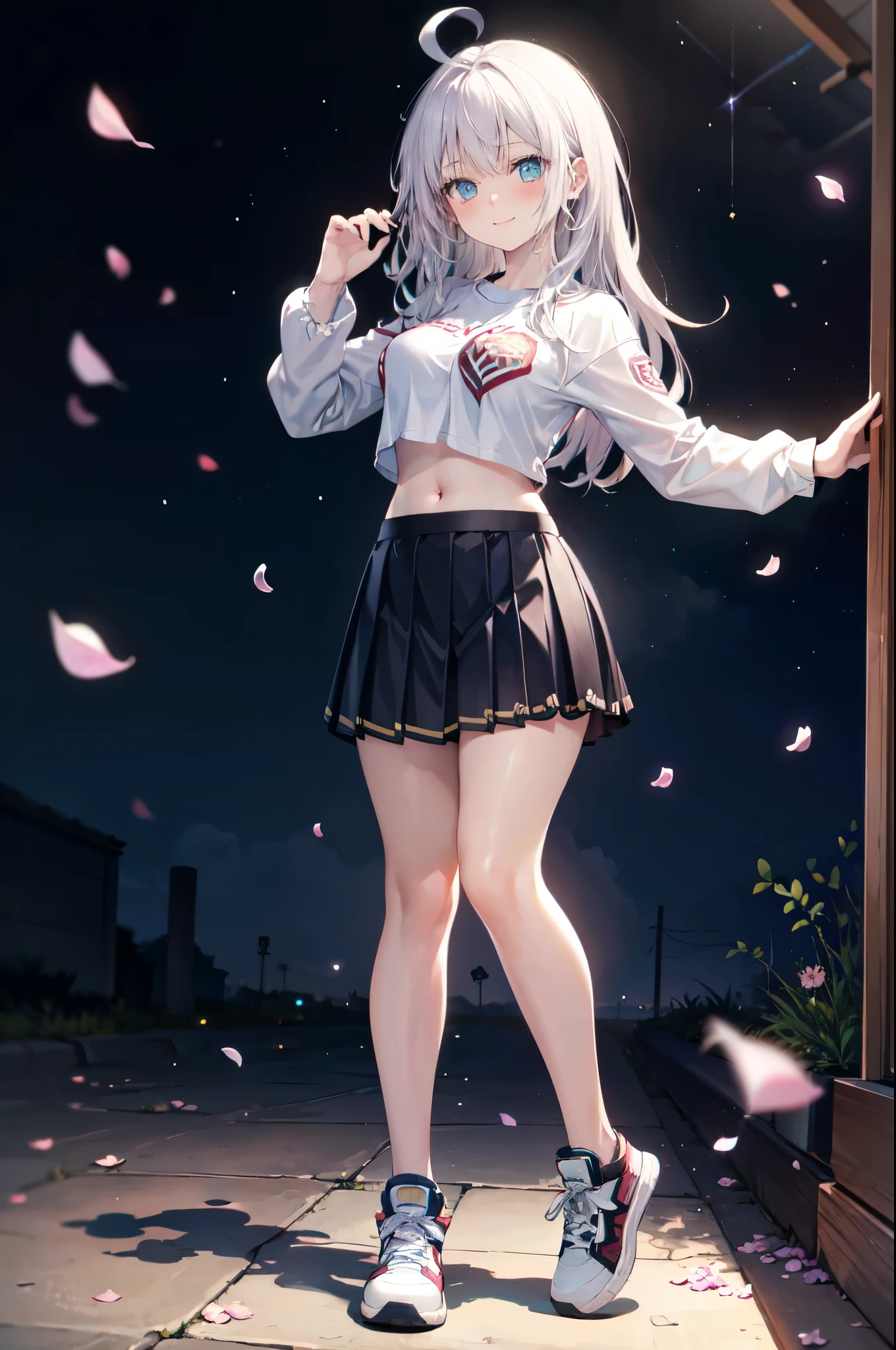 realistic image, detailed image, coherent image, 1 beautiful girl, she has very long hair, white hair, light blue eyes, smiling expression. She is wearing a long-sleeved t-shirt, showing her navel, a pleated miniskirt, sneakers, She has a curvy body, medium breasts and thick thighs, She is posing sensually, lifting her skirt a little, arching her back, black background, uniform background, starry night, flower petals falling around, Soft focus, full body view, Dramatic shadows, Volumetric lighting, natural lighting,Alisa Mikhailovna Kujou,ahoge