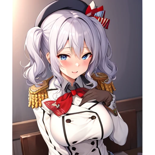 (masterpiece, best quality:1.2),giggle,A hand touched his chest,illustration,8K,HD,1 girl,solitary,portrait,blush,white hair,blue eyes,curls,Double tail,Berets,Epaulettes,Ruffled sleeves,Jacket,Large Breasts,Long sleeve,,mini skirt,Pleated Skirt,Red tie,White gloves,anchor,Solid color background