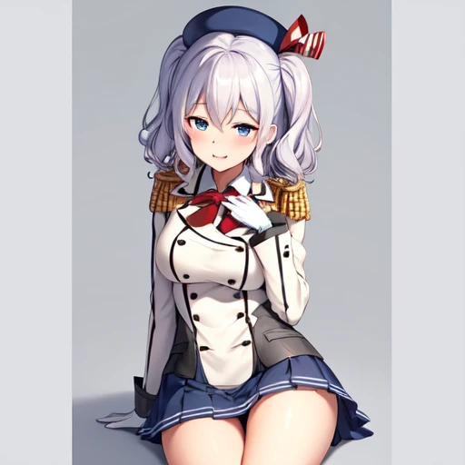 (masterpiece, best quality:1.2),giggle,A hand touched his chest,illustration,8K,HD,1 girl,solitary,portrait,blush,white hair,blue eyes,curls,Double tail,Berets,Epaulettes,Ruffled sleeves,Jacket,Large Breasts,Long sleeve,,mini skirt,Pleated Skirt,Red tie,White gloves,anchor,Solid color background
