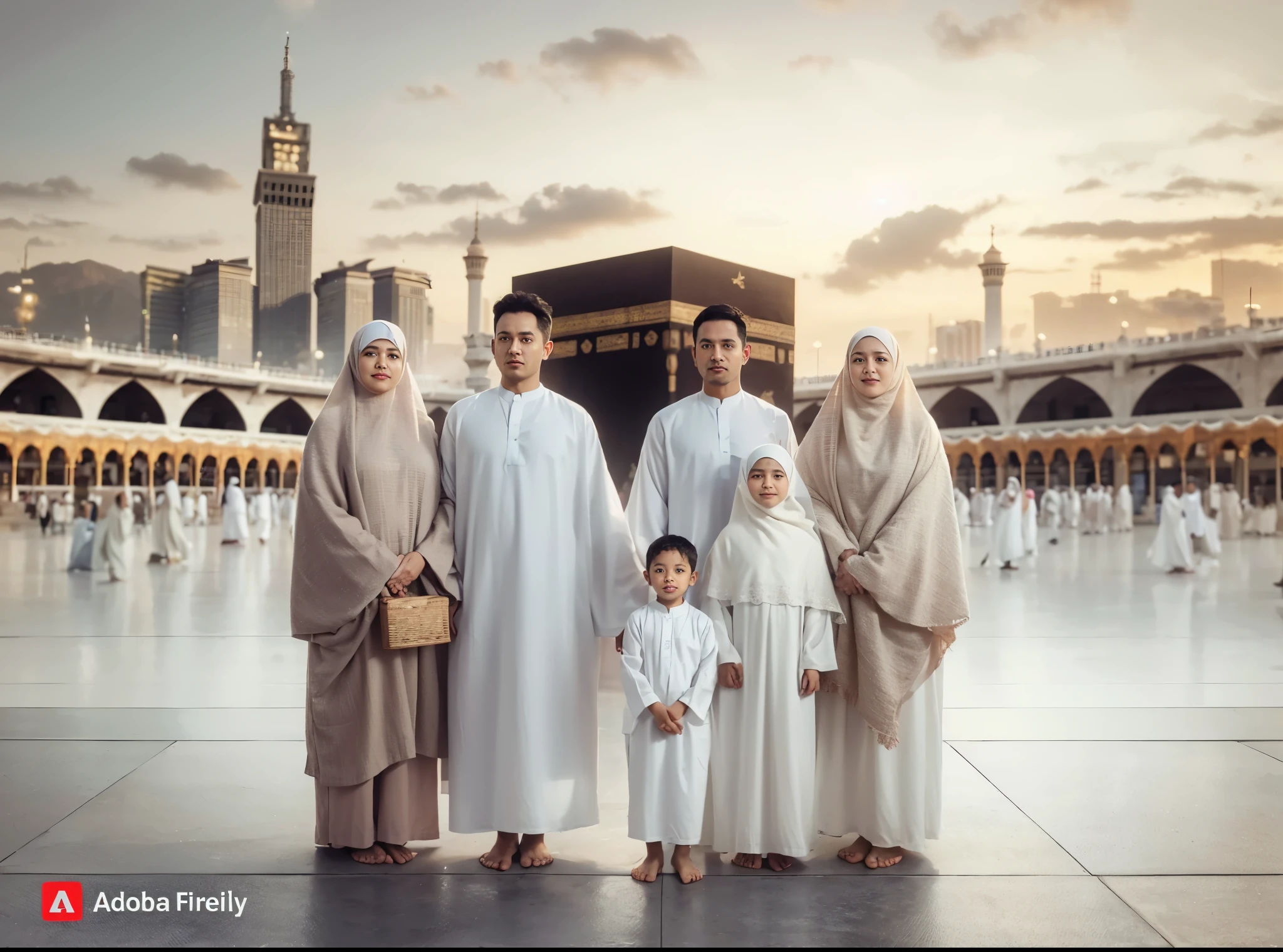 Photo of the entire body of six people. two Muslim men aged 40 and 80 years (clean faces) and two Muslim women from Indonesia "30 years, one 7-year-old daughter and one 3-year-old son, wearing ihram clothes, barefoot, with a faint smile", soft natural lighting, --ar 23:32 --natural style, with the Ka'bah in the distance, ultra-wide shot, the sunset sky looks very amazing, front-facing photo, ultra-realistic, UHD, 16K