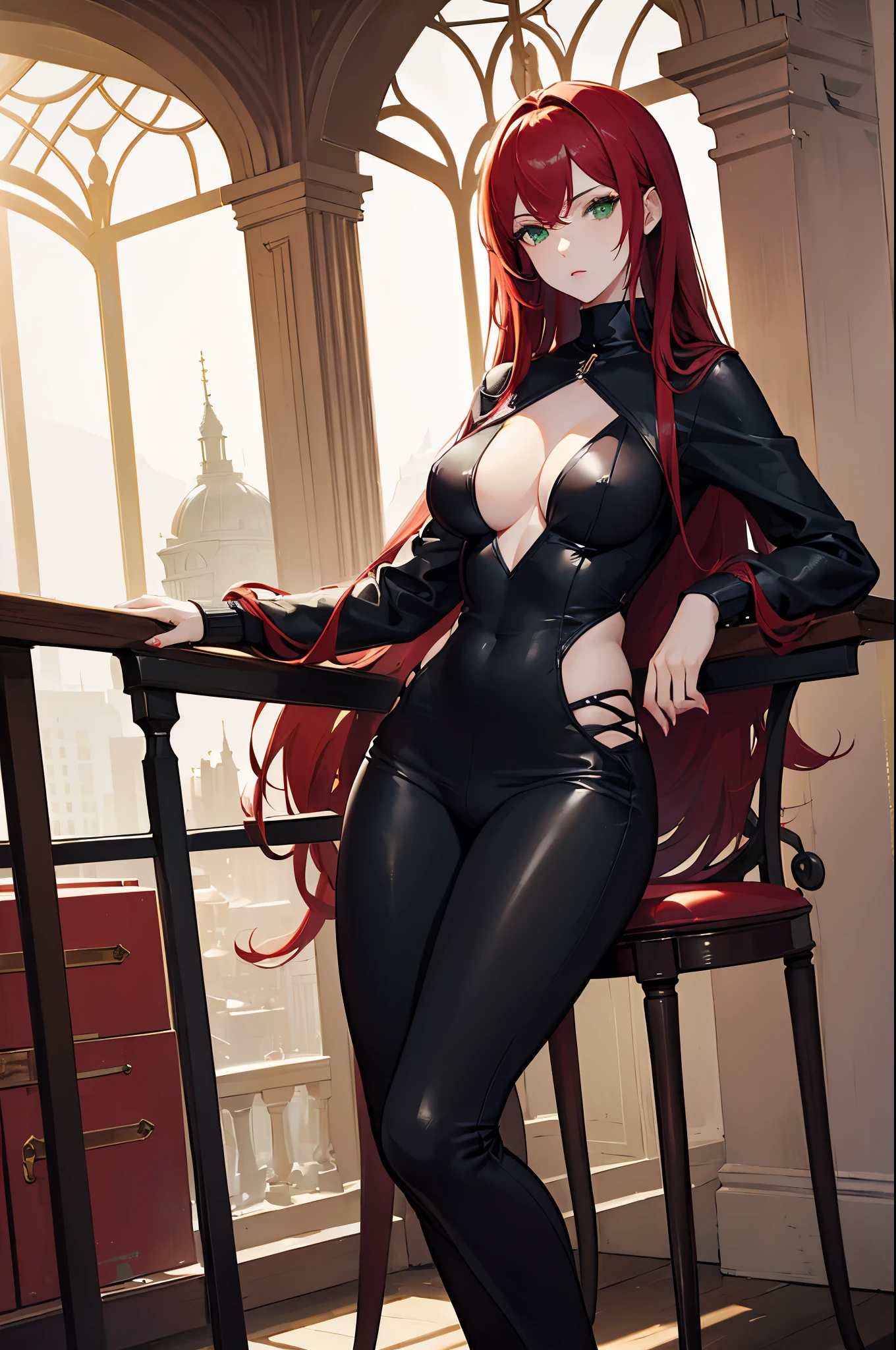 ((masterpiece, best quality, high resolution)), expressive eyes, mature, perfect face, solo, 1girl, red hair, green eyes, pale white skin, tattoos, library, medium breasts, thick thighs, red sweater, black pants, black high-heels