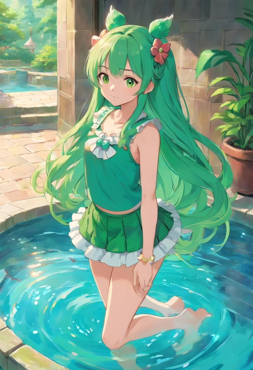 Magical Girl, Tall, long hair, Green hair, small , skirt, crop top, pool, green scales on legs, frilly ears