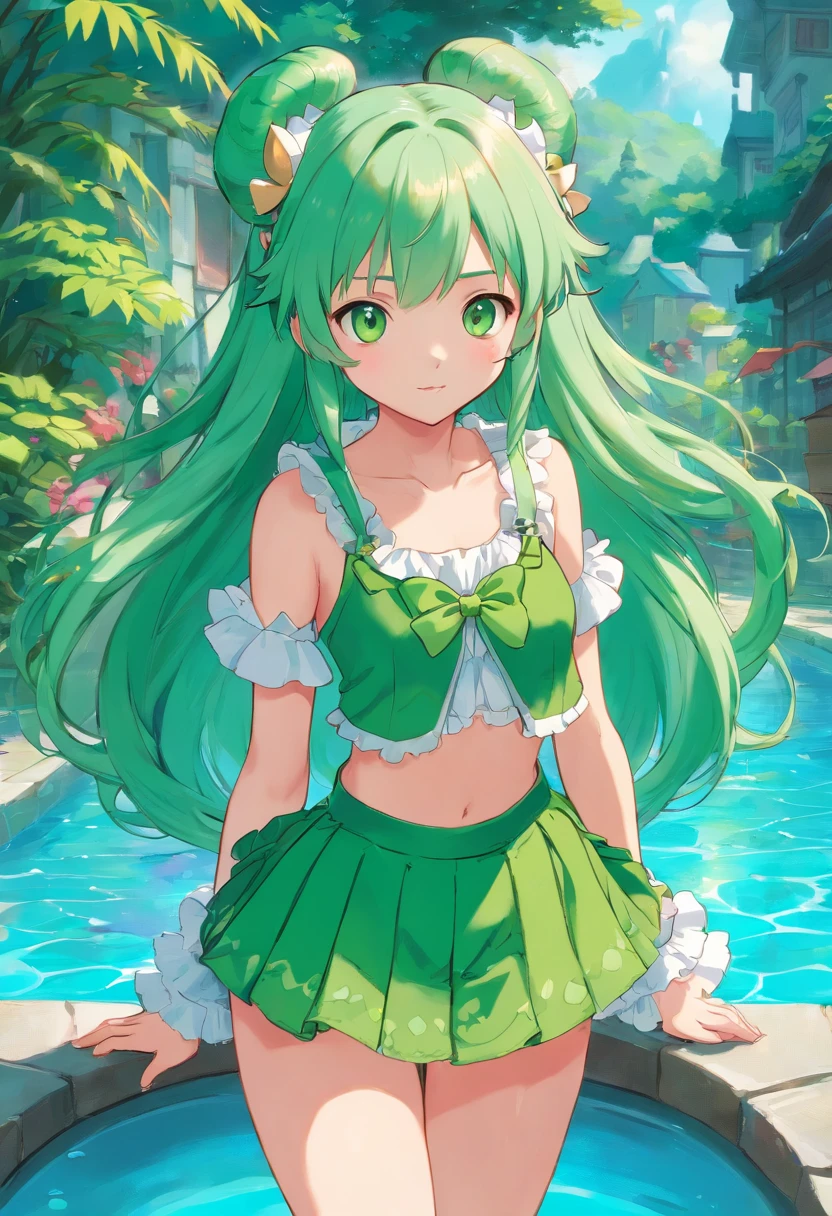Magical Girl, Tall, long hair, Green hair, small , skirt, crop top, pool, green scales on legs, frilly ears