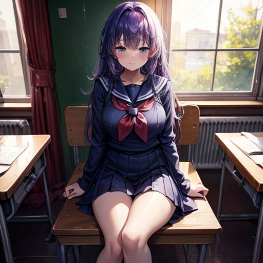 A young woman, 18 years old, with long purple hair, wearing a sailor uniform, sitting in a classroom (School 1.5 in the background) (Serious expression, Cold 1.5) (highest quality: 1.1) (masterpiece: 1.3) with an unparalleled masterpiece, Surreal 8K, Perfect artwork, Super detailed, highest quality, masterpiece 4K wallpaper aesthetics, masterpiece, Award-winning works, Official Art, Cinema Lighting