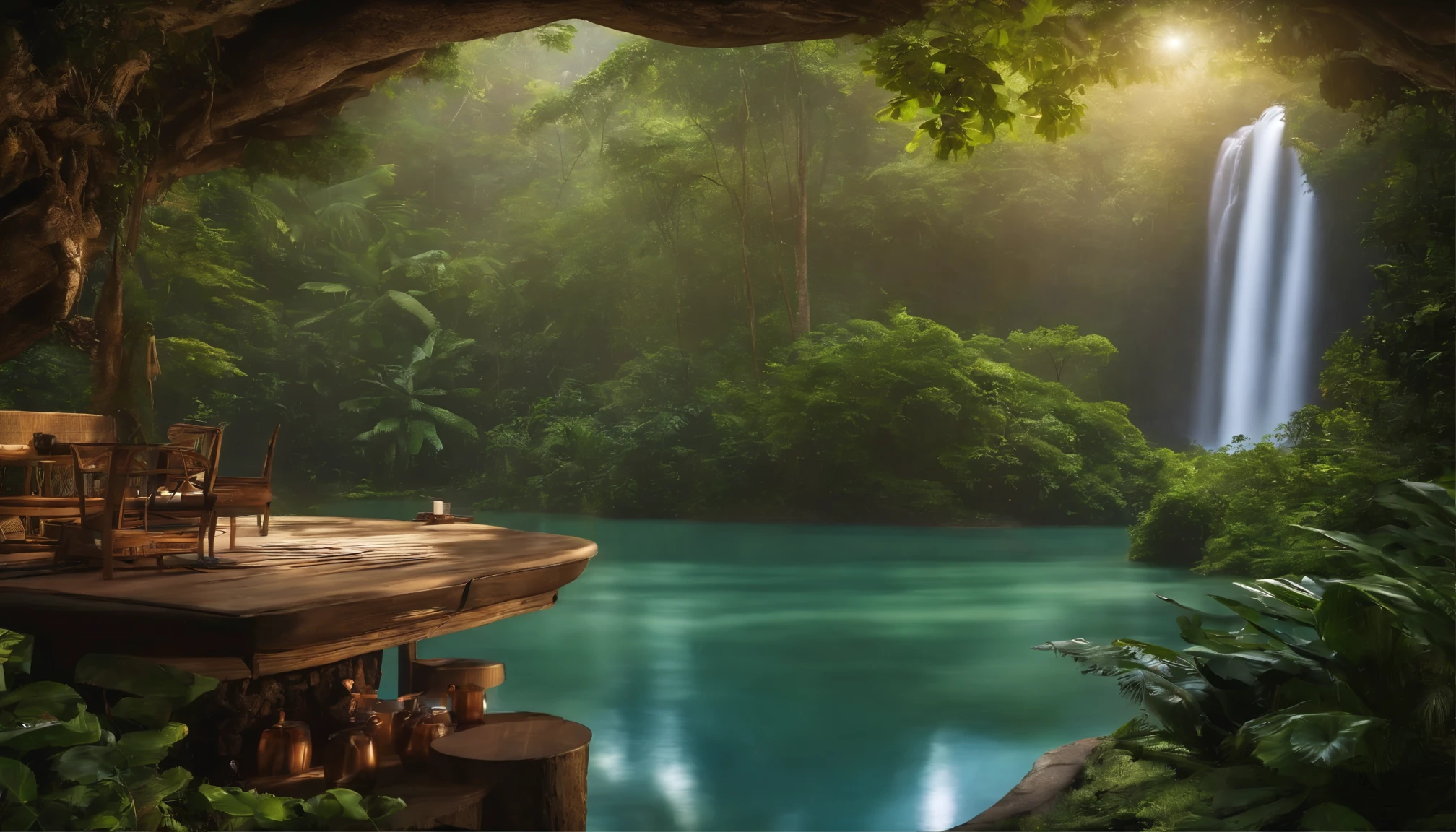 A hideaway café in the jungle. The soothing sound of a large waterfall helps you concentrate.
It is the perfect place to read or relax with a cup of coffee in hand, or to work or take a break surrounded by the soothing sounds of nature.