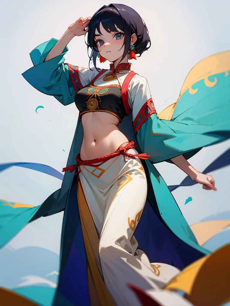 Turkic woman wearing traditional dress showing her belly