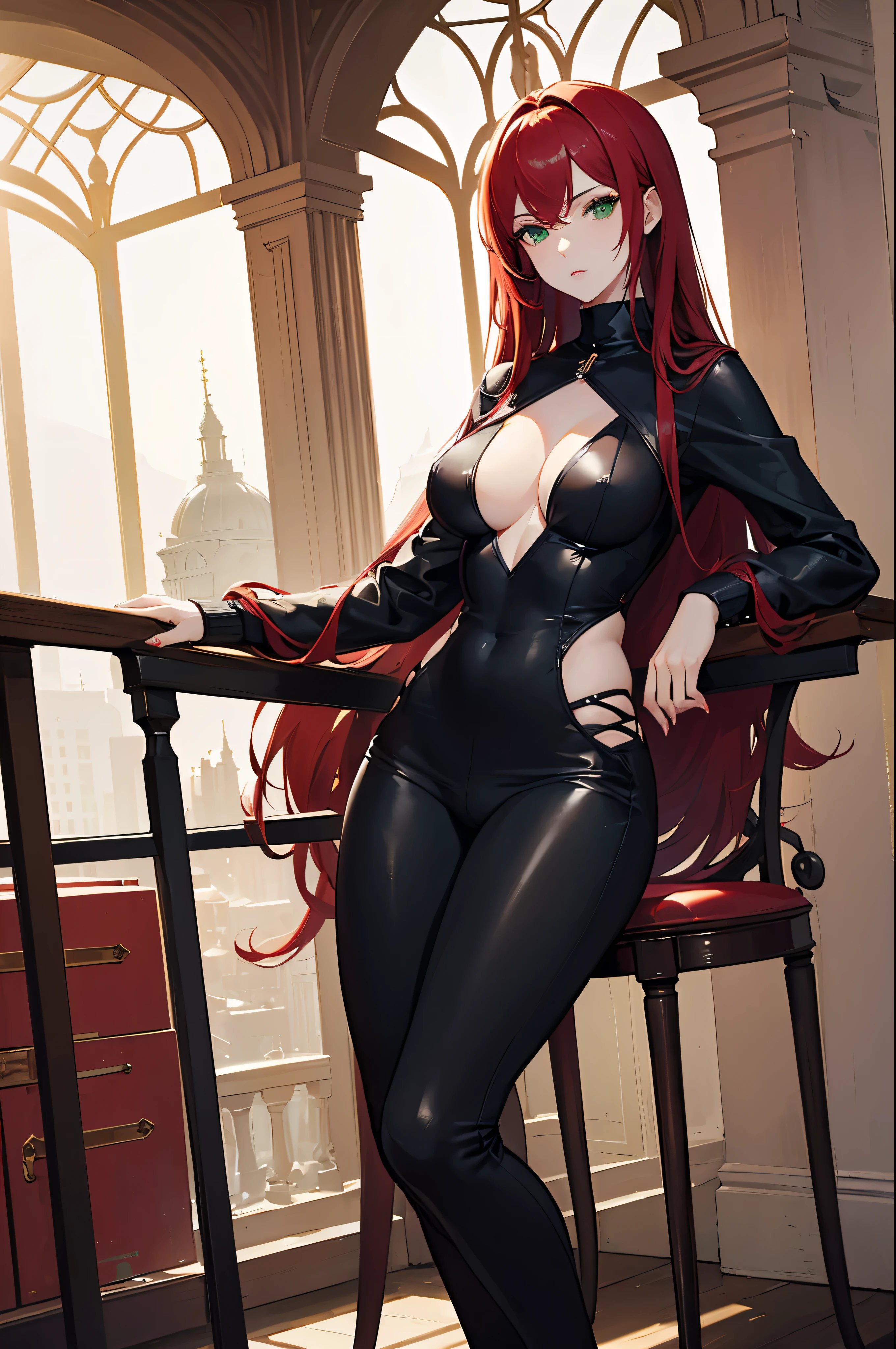 ((masterpiece, best quality, high resolution)), expressive eyes, mature, perfect face, solo, 1girl, red hair, green eyes, pale white skin, tattoos, library, medium breasts, thick thighs, red sweater, black pants, black high-heels