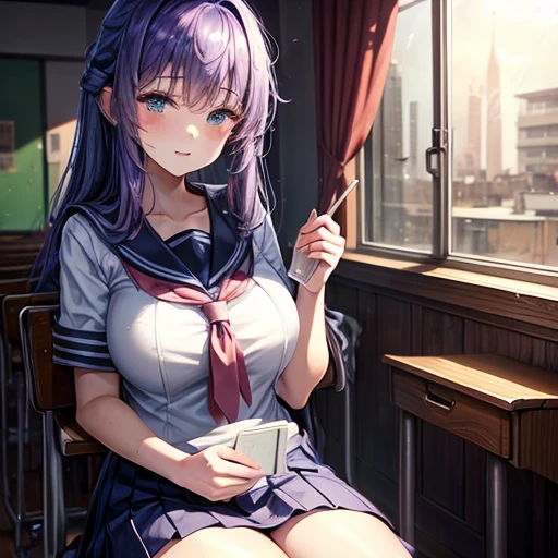 A young woman, 18 years old, with long purple hair, wearing a sailor uniform, sitting in a classroom (School 1.5 in the background) (Serious expression, Cold 1.5) (highest quality: 1.1) (masterpiece: 1.3) with an unparalleled masterpiece, Surreal 8K, Perfect artwork, Super detailed, highest quality, masterpiece 4K wallpaper aesthetics, masterpiece, Award-winning works, Official Art, Cinema Lighting