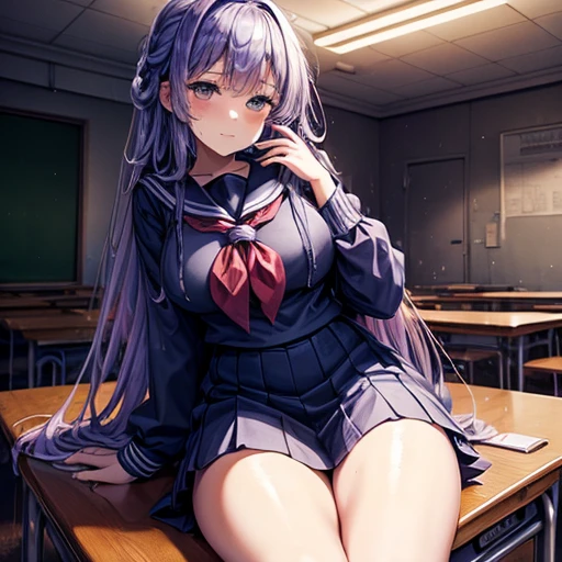 A young woman, 18 years old, with long purple hair, wearing a sailor uniform, sitting in a classroom (School 1.5 in the background) (Serious expression, Cold 1.5) (highest quality: 1.1) (masterpiece: 1.3) with an unparalleled masterpiece, Surreal 8K, Perfect artwork, Super detailed, highest quality, masterpiece 4K wallpaper aesthetics, masterpiece, Award-winning works, Official Art, Cinema Lighting