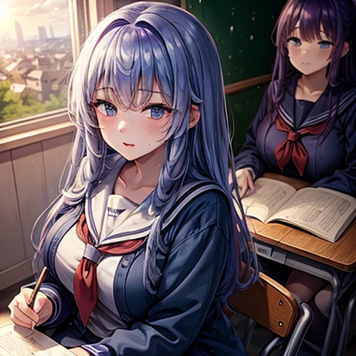 A young woman, 18 years old, with long purple hair, wearing a sailor uniform, sitting in a classroom (School 1.5 in the background) (Serious expression, Cold 1.5) (highest quality: 1.1) (masterpiece: 1.3) with an unparalleled masterpiece, Surreal 8K, Perfect artwork, Super detailed, highest quality, masterpiece 4K wallpaper aesthetics, masterpiece, Award-winning works, Official Art, Cinema Lighting