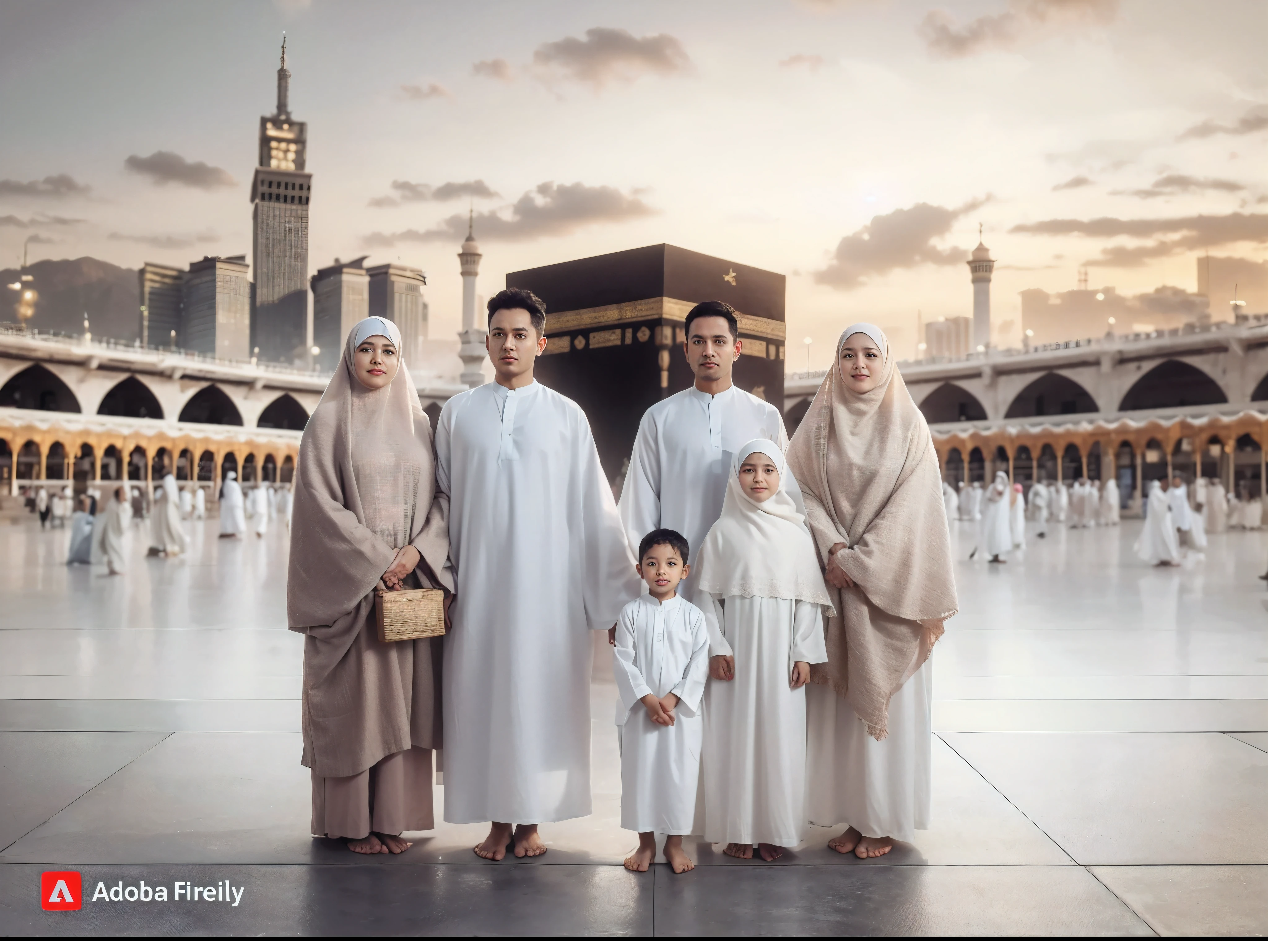 Photo of the entire body of six people. two Muslim men aged 40 and 80 years (clean faces) and two Muslim women from Indonesia "30 years, one 7-year-old daughter and one 3-year-old son, wearing ihram clothes, barefoot, with a faint smile", soft natural lighting, --ar 23:32 --natural style, with the Ka'bah in the distance, ultra-wide shot, the sunset sky looks very amazing, front-facing photo, ultra-realistic, UHD, 16K