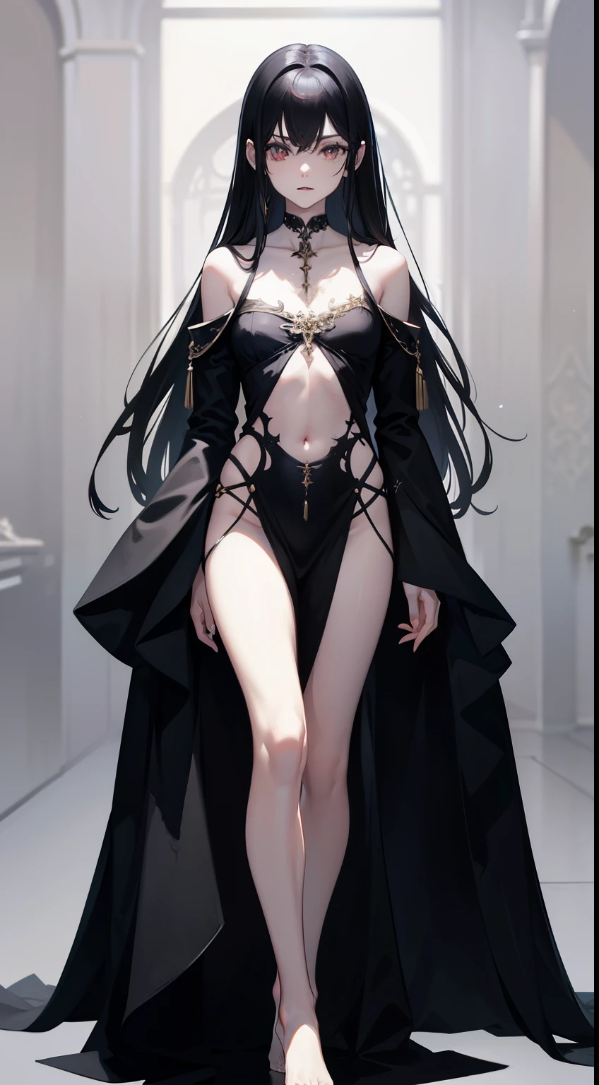 ((best quality)), ((masterpiece)), (detailed), perfect face, Character design, female, long black hair, wearing a black angelic dress with silver details, white eyes, small frame, very skinny, detailed, best quality, no accesoires around the neck, no shoes, prominent collarbones, skinny arms, flat stomach, visible hip bones, full body, fangs, pale skin, angelic