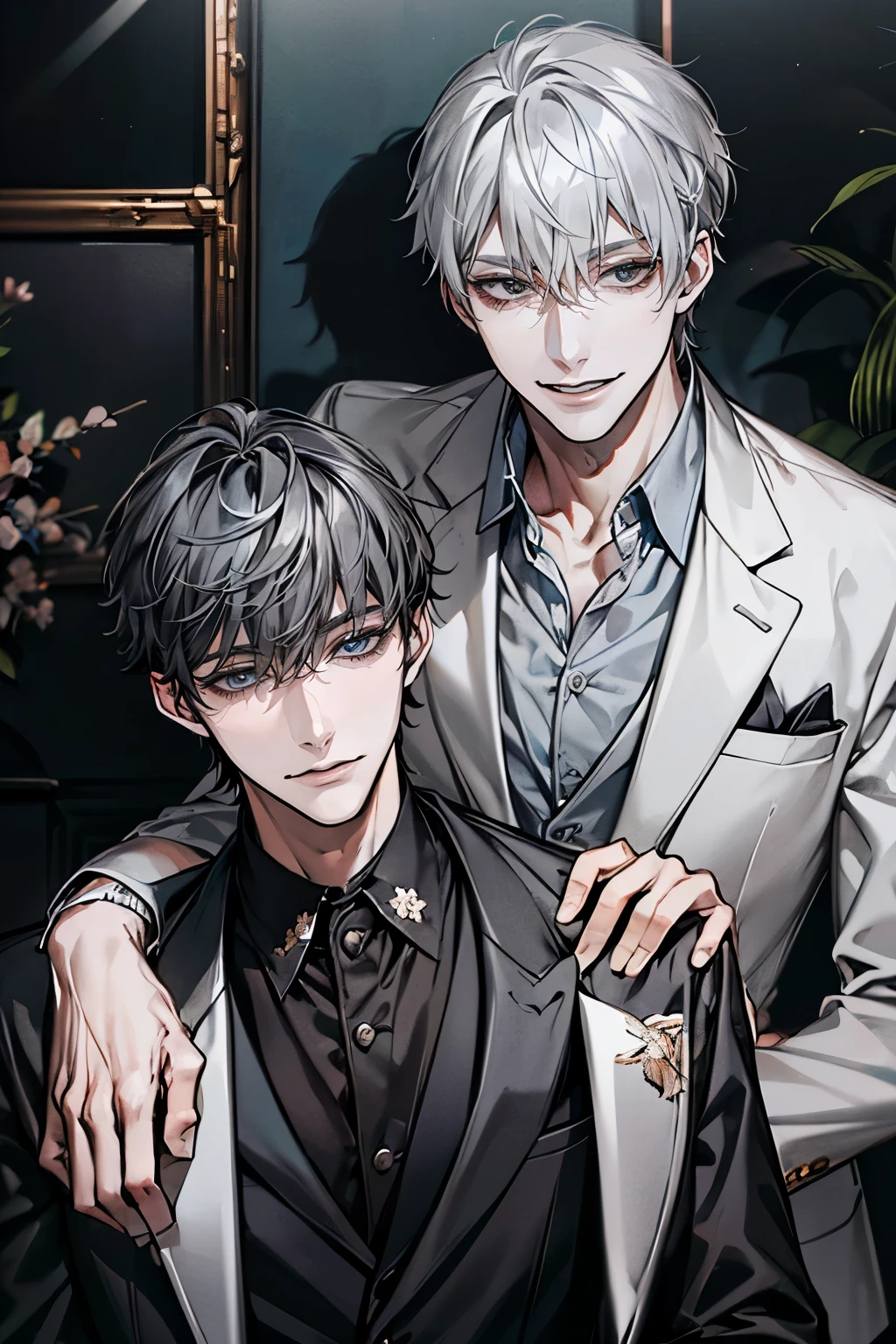 (Mastepiece), (Best Quality), Very detailed, ((Two men:1.5)), Perfect Face, Beautiful Face, Very detailedな顔,(Black-haired man:1.3),(Grey-haired man:1.3),suit,shirt,smile,flower
