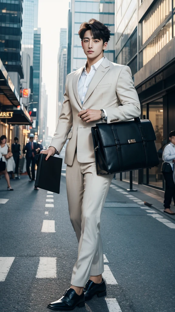 (highres,photorealistic) jungkook as a businessman walking on the street, short black hair, lean, well-dressed, clear background, dark eyes, urban setting, bustling cityscape, modern skyscrapers, vibrant atmosphere, confident expression, polished shoes, briefcase, bustling crowd, evening time, dynamic pose.