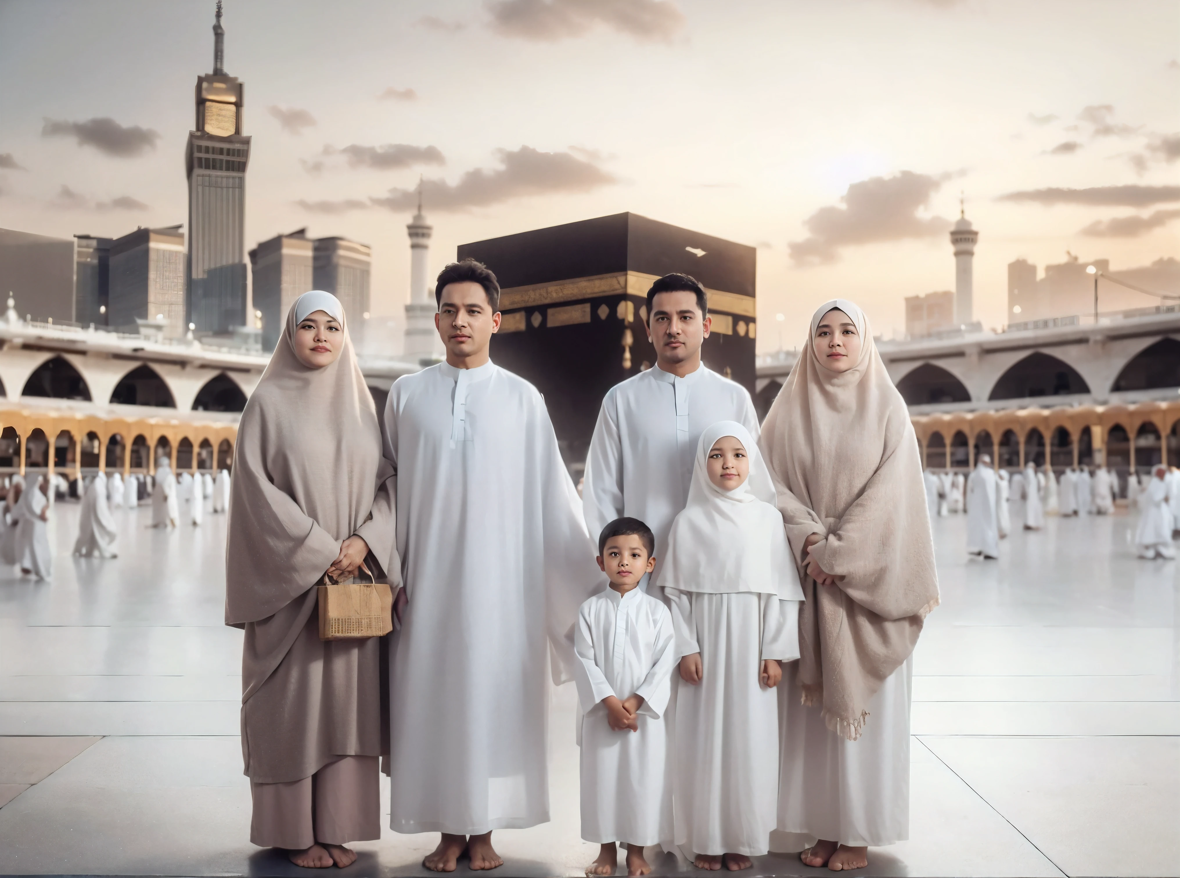 Photo of the entire body of six people. two Muslim men aged 40 and 80 years (clean faces) and two Muslim women from Indonesia "30 years, one 7-year-old daughter and one 3-year-old son, wearing ihram clothes, barefoot, with a faint smile", soft natural lighting, --ar 23:32 --natural style, with the Ka'bah in the distance, ultra-wide shot, the sunset sky looks very amazing, front-facing photo, ultra-realistic, UHD, 16K 