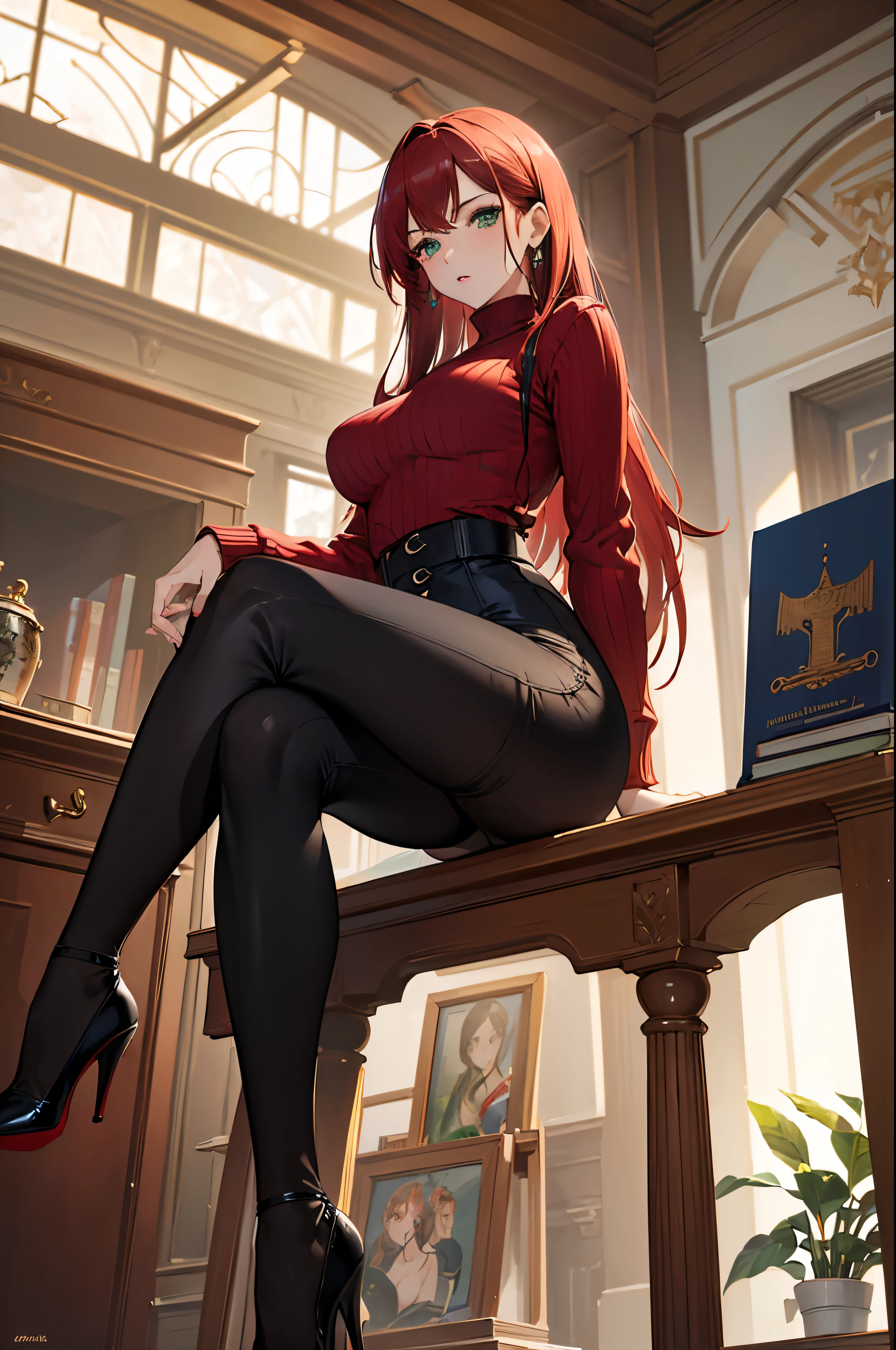 ((masterpiece, best quality, high resolution)), expressive eyes, mature, perfect face, solo, 1girl, red hair, green eyes, pale white skin, tattoos, library, medium breasts, thick thighs, red sweater, black pants, black high-heels