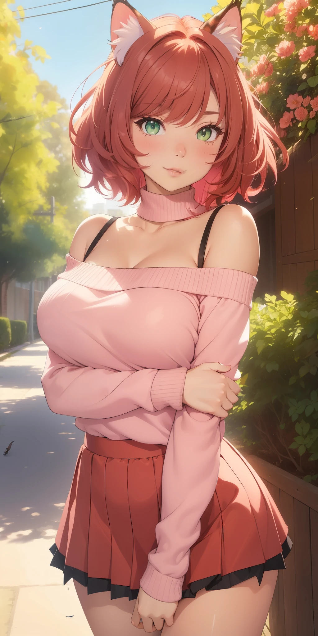 (((1 cat-girl))), ((cat ears)) solo, (((short light red hair tousled by the wind))), green eyes, pink off-shoulder sweater with long sleeves and kawaii  skirt, spaghetti straps, shorts, lace, look at the viewer, luxurious, elegant, extremely detailed, pink lips, shy smile, feminine charm, blushing, beautiful sky, park, autumn trees, garden, butterfly, beautiful flowers, depth of field