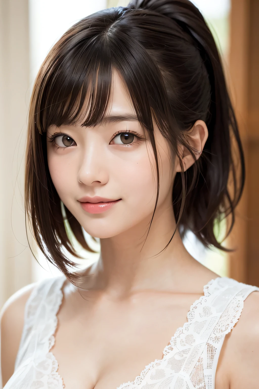 brightexpression、photorealistic stick:1.32、highest quality、超A high resolution、Photos of the most beautiful Japan girls、cute and beautiful face details、small face、(Pueros face_V1:0.008)、Beautiful bangs、18 years old、Brilliant white skin、hair gets tangled in face、Bangs that reach down to the face、bangs、hair between eyes、super long hair、charming brown silky hair、bright、Clear light blue eyes shine charmingly、ample breasts、Dynamic poses highest quality、disorganized、((the cutest girl in the world))、Japanese、18 years oldの女の子、Cafe、((lace dress:1.3))、(half up hair:1.3)、(tie with a thin ribbon)、nice and cute、innocent smile、nice smile、cleavage、(big breasts:1.3)、ponytail、brown hair、thin waist、detailed beautiful eyes、face forward、Upper body、close up of face、Front view、