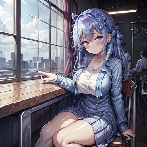 A young woman, 18 years old, with long purple hair, wearing a sailor uniform, sitting in a classroom (School 1.5 in the background) (Serious expression, Cold 1.5) (highest quality: 1.1) (masterpiece: 1.3) with an unparalleled masterpiece, Surreal 8K, Perfect artwork, Super detailed, highest quality, masterpiece 4K wallpaper aesthetics, masterpiece, Award-winning works, Official Art, Cinema Lighting
