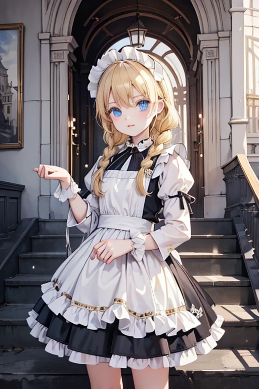 (8k, highest quality, Tabletop:1.2)、Ultra-high resolution、, Perfect Fingers, Detailed face, blue eyes, blonde, Braiding、Black maid outfit,  Western-style building、Entrance、Handrail polishing of Stairs