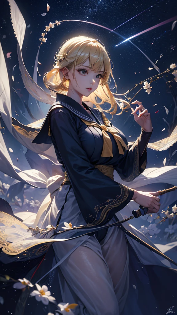 masterpiece, high quality, 4K, Beautiful design, silhouette,blonde, 非常に詳細な夜のStarry Sky,Flower Field, wonderful, Finer details, Very knowledgeable woman, Highly detailed solo, 1 female,Big Breasts,Sailor suit,Night view,Starry Sky,full moon,