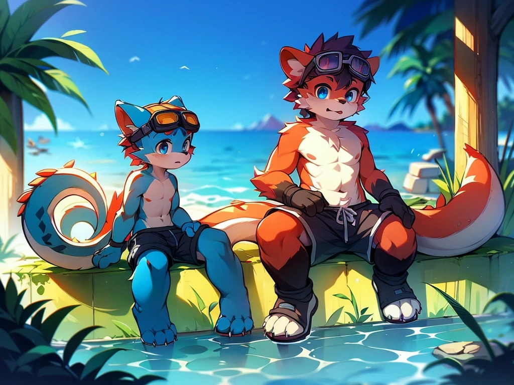 Chinese dragon boy,Gray fur,Topless, mammal, hairy,Aqua blue eyes,upscale hotel,Blue and black gradient swimming trunks quality,black fingerless gloves,goggles,