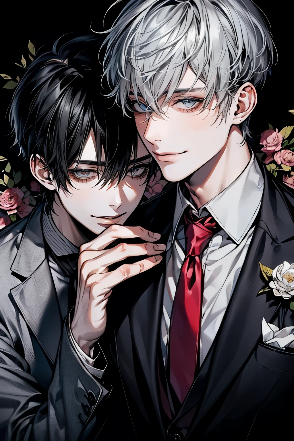 (Mastepiece), (Best Quality), Very detailed, ((Two men:1.5)), Perfect Face, Beautiful Face, Very detailedな顔，(Black-haired man:1.3)，(Grey-haired man:1.3)，suit，shirt，smile，flower