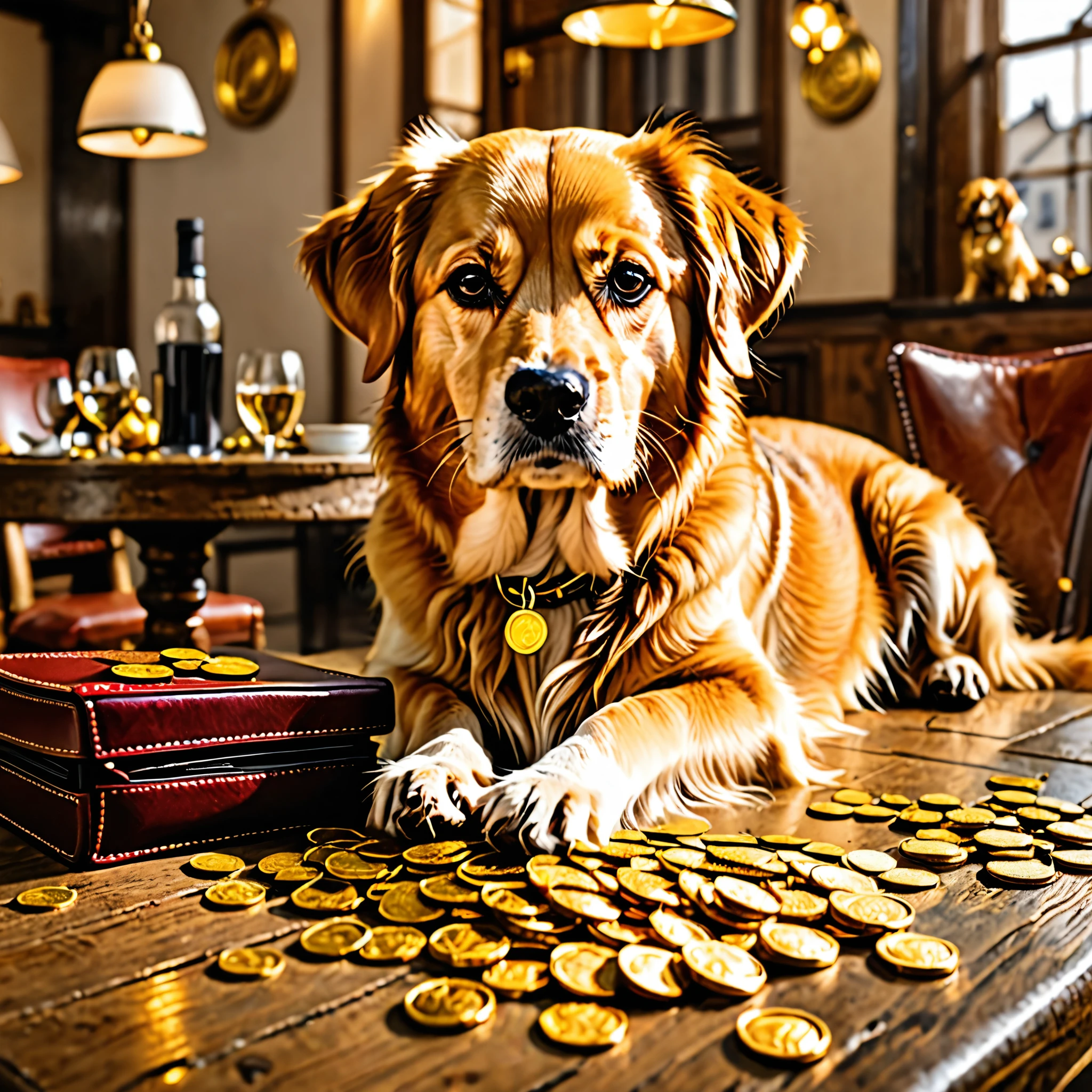 1 dog, golden coins, table, wallet, 8k uhd, high quality, 4k