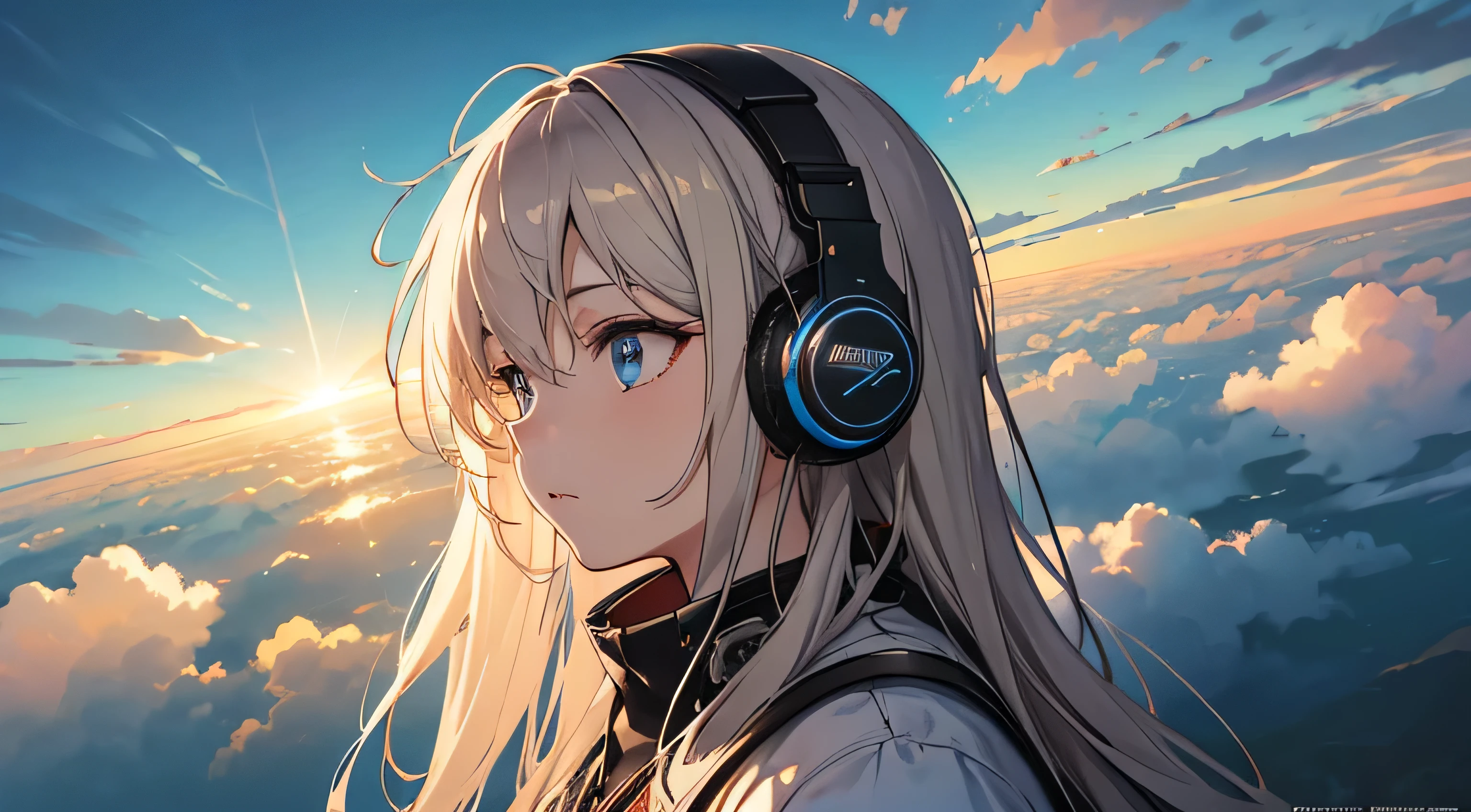 Absurd, High resolution, (Official Art, beautifully、aesthetic:1.2), Close-up, Bright Sky, A vast world, girl, Wear headphones, stare, Awe-inspiring expressions, Distant Horizon, cloud, High Hill, Natural Beauty, Inspiration, Light effects,Looking down from above、Streetscape