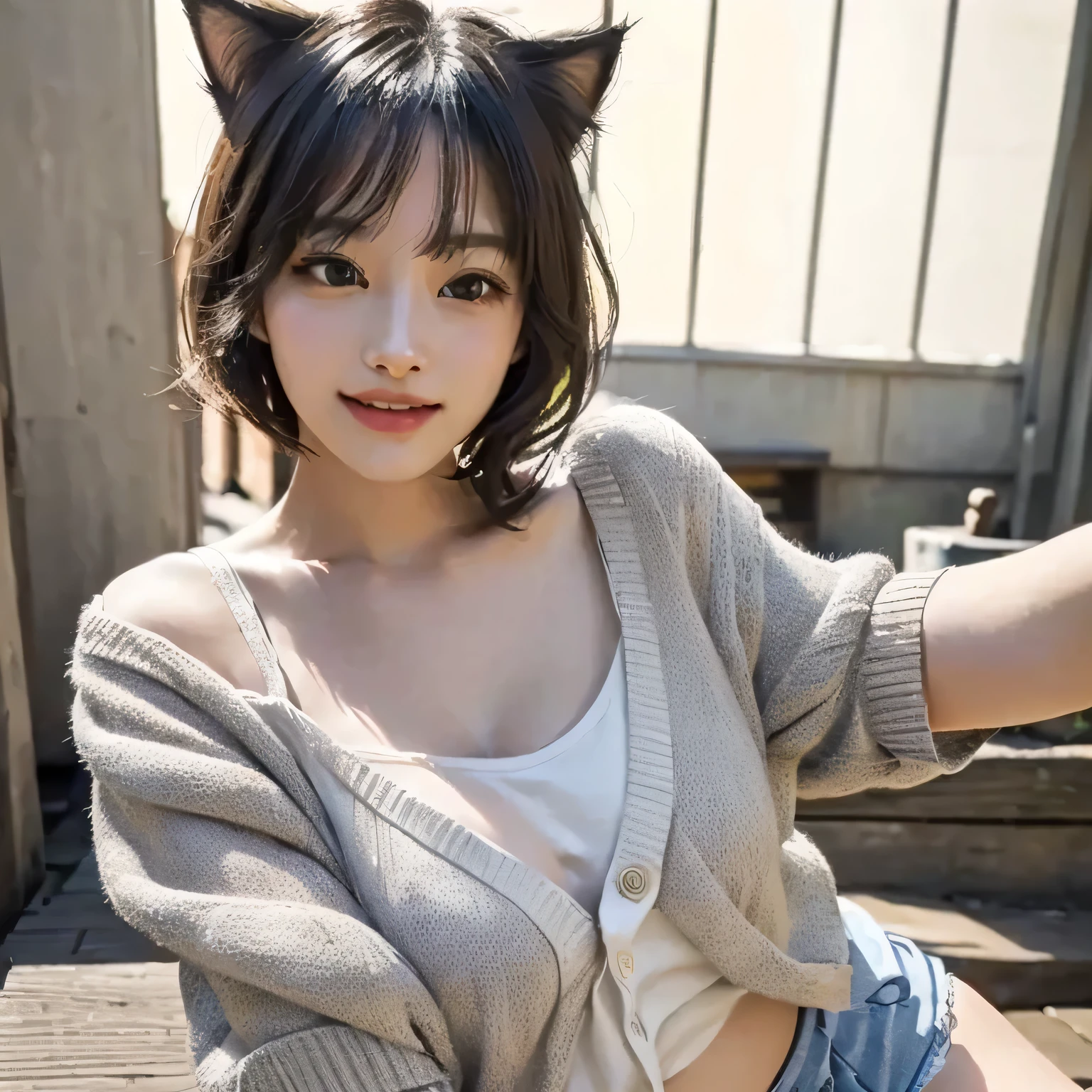 {{{masterpiece}}}, (((whole body))), from above, Wearing a stylish summer cardigan, Nyan Nyan Pose, Laughing with open mouth, (masterpiece, best quality),1 cat girl, {Very delicate and beautiful}, (alone:1.5), (highest quality:1.2), (Ultra-high resolution, Realistic, RAW Photos:1.4), 8k, Cinema Lighting, Beautiful lighting, professional, The best masterpiece, She is wearing a light grey summer cardigan., Attractive cat girl in a white tank top, Very beautiful cute cat girl, Beautiful young cat girl, Real life anime cat girl, Beautiful Asian Cat Girl, Japanese Model, Realistic young gravure idol, Beautiful Japanese girl face, Beautiful Korean Women, Cat-eared girl, Beautiful young Korean woman, Realistic cat ears, Short Hair, Open your mouth, smile, Open your arms, wave hands,