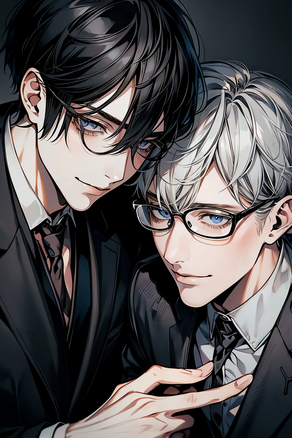 (Mastepiece), (Best Quality), Very detailed, ((Two men:1.5)), Perfect Face, Beautiful Face, Very detailedな顔,(Black-haired man_Glasses:1.3),(Grey-haired man:1.3),suit,shirt,smile