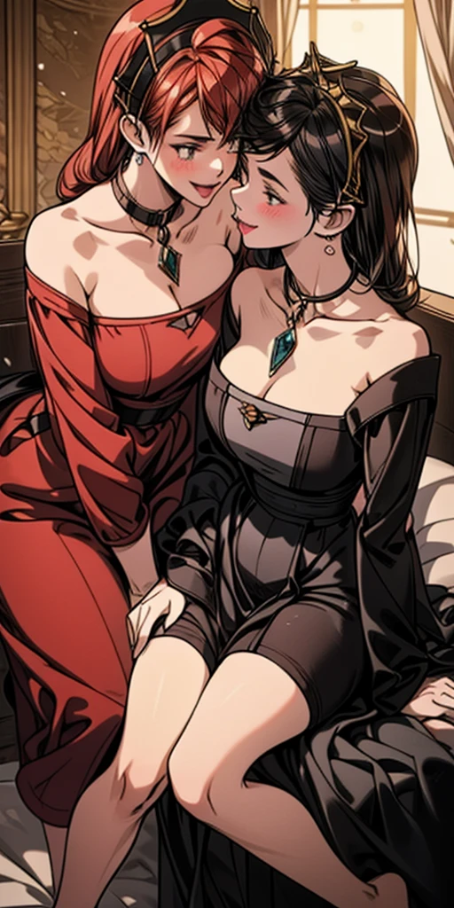 masterpiece, best quality, Eris Boreas Greyrat kiss Hilda Greyrat, 2 girls kissing each other lips, sitting full body on bed clenched hands, thick waist, strong abs