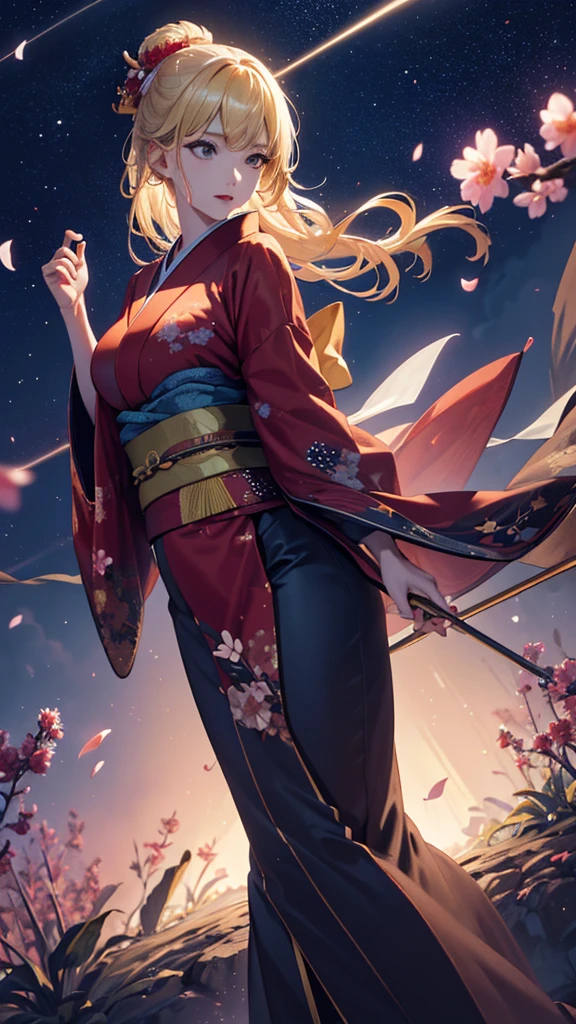 masterpiece, high quality, 4K, Beautiful design, silhouette,blonde, 非常に詳細な夜のStarry Sky,Flower Field, wonderful, Finer details, Very knowledgeable woman, Highly detailed solo, 1 female,Big Breasts,Red colored kimono,Night view,Starry Sky,full moon,Dancing Petals,