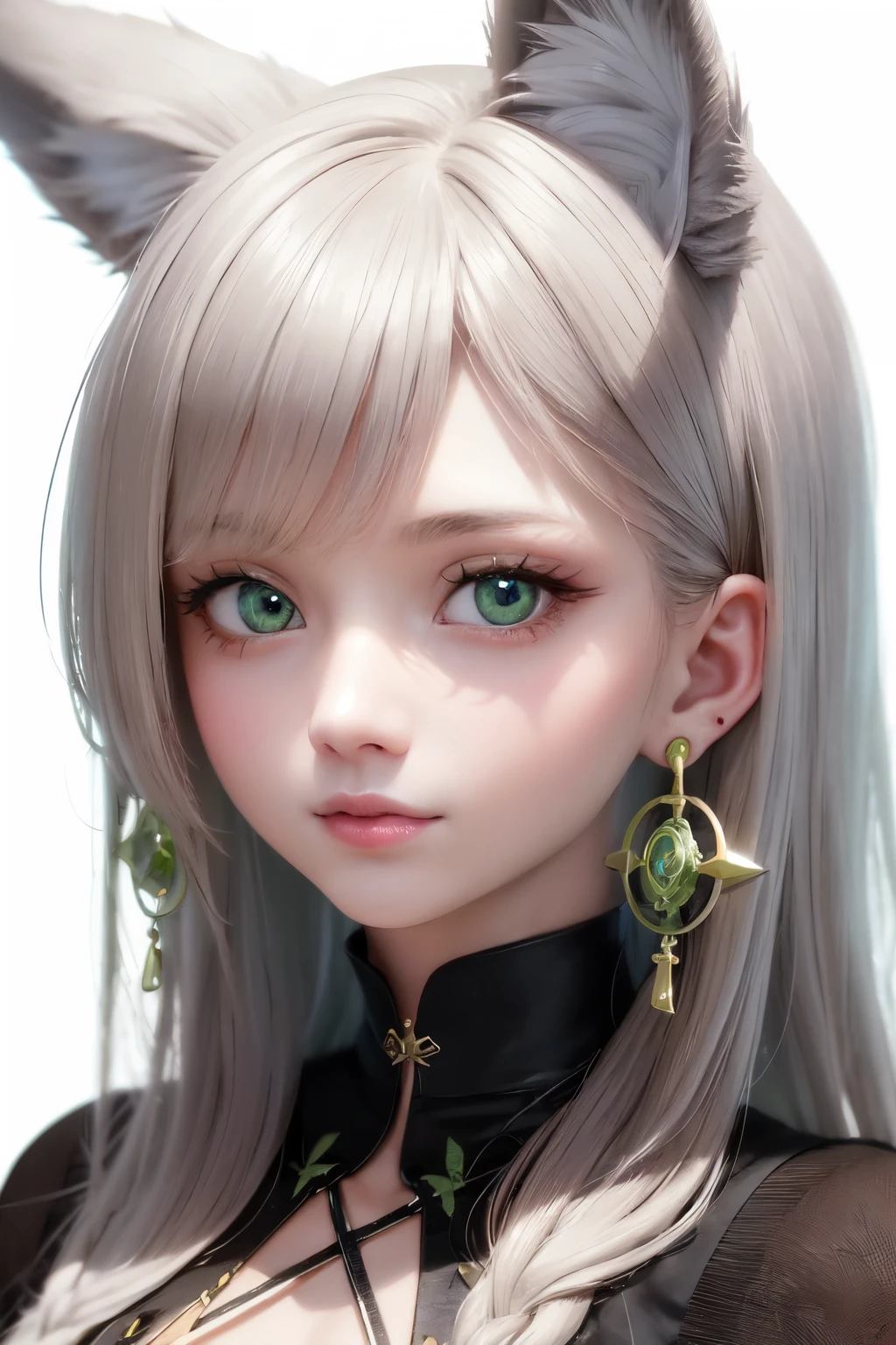 ((best quality)), ((masterpiece)), (detailed), Perfect face,Green eyes,Silver earrings,C4D,blender,Magic background,Fox ears