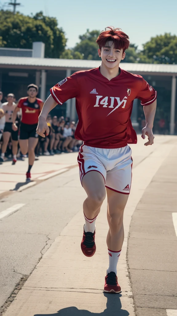 (best quality,4k,8k,highres,masterpiece:1.2),ultra-detailed,(realistic,photorealistic,photo-realistic:1.37),jungkook with red hair,wearing DK attire,running with a smile,battle pose,dual-colored eyes,white socks,expression of contempt,wide-angle lens.