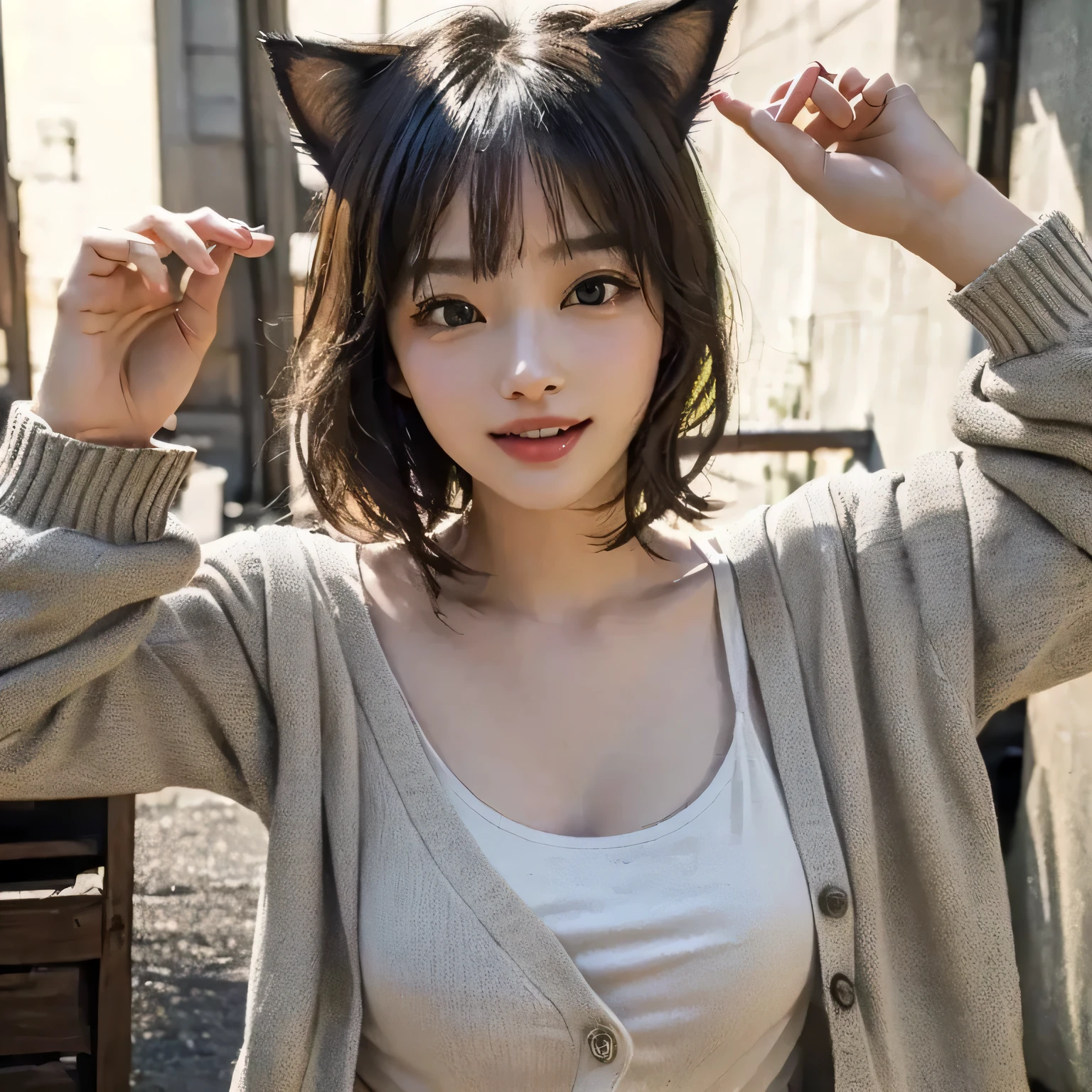 {{{masterpiece}}}, (((whole body))),  from above, Wearing a stylish summer cardigan, Nyan Nyan Pose, Laughing with open mouth, (masterpiece, best quality),1 cat girl, {Very delicate and beautiful}, (alone:1.5), (highest quality:1.2), (Ultra-high resolution, Realistic, RAW Photos:1.4), 8k, Cinema Lighting, Beautiful lighting, professional,  The best masterpiece,  She is wearing a light grey summer cardigan., Attractive cat girl in a white tank top, Very beautiful cute cat girl, Beautiful young cat girl, Real life anime cat girl, Beautiful Asian Cat Girl, Japanese Model, Realistic young gravure idol, Beautiful Japanese girl face, Beautiful Korean Women, Cat-eared girl, Beautiful young Korean woman, Realistic cat ears, Short Hair, Open your mouth, smile, Open your arms, wave hands, 