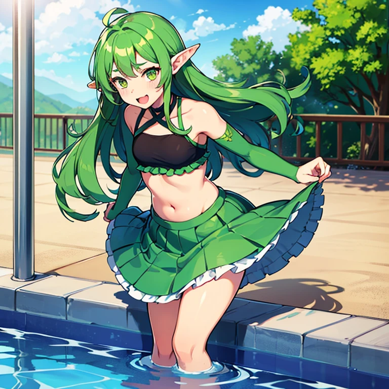 Girl, green hair, long hair, green scales on thigh, frilled ears, skirt, crop top, pool, small