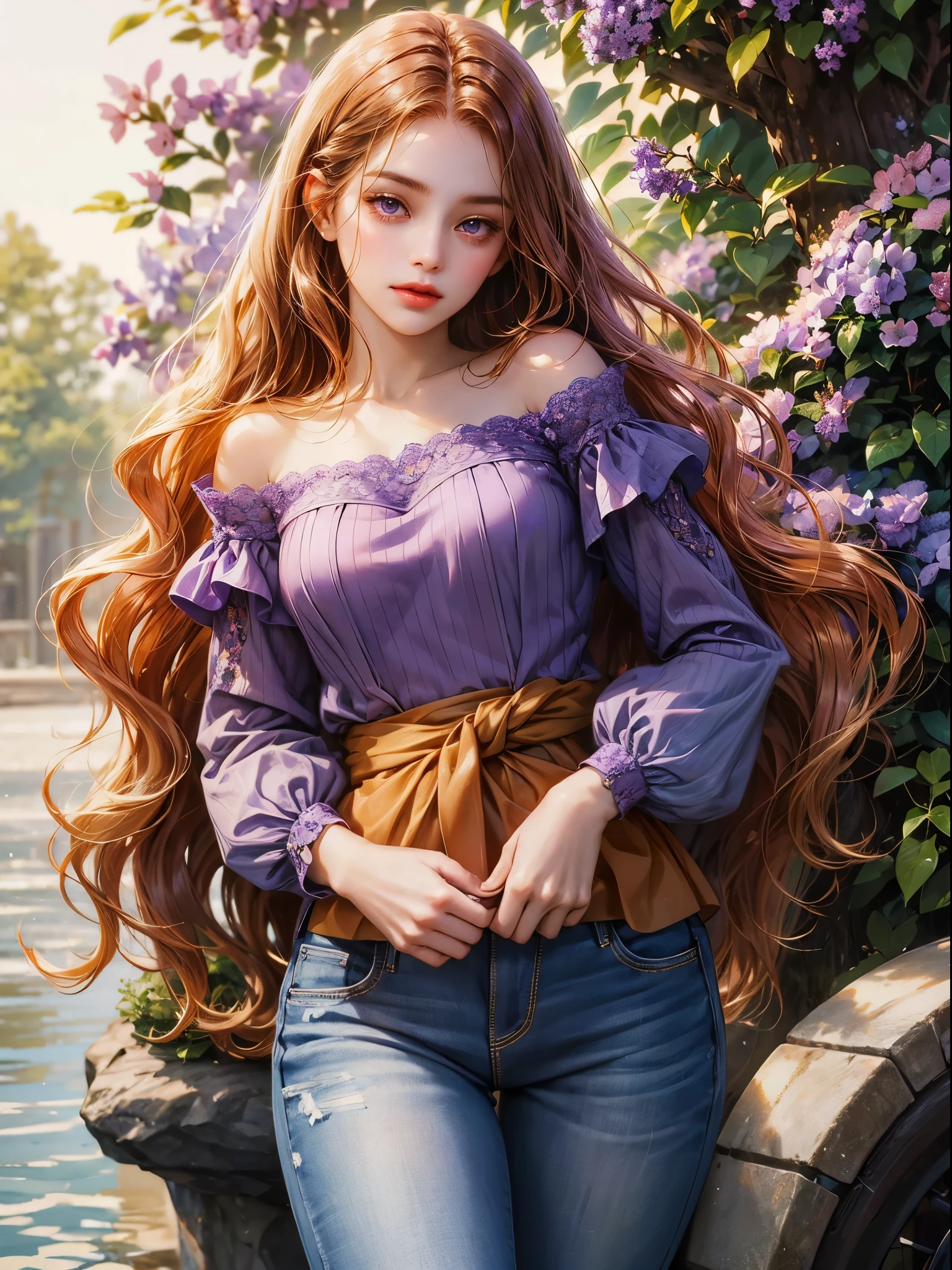 A girl, medium copper colored hair, wavy hair, small breast, no bangs and violet eyes. She wears a violet shirt with jeans, she has her hands in her pockets. Background a forest, she is wrapped in amethyst flowers