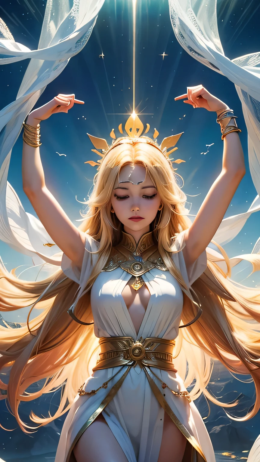 "Maiden of the Sun": Within a sacred sanctuary bathed in sunlight, depict the figure of a sun goddess, facing forward and emanating divine radiance. Zoom in to focus on her face, with light orbs gleaming in her hands, representing the life-giving power of the sun. Her hair is shimmering gold. The background should be predominantly pink, evoking a sense of divine splendor, with the addition of a blue sky to further enhance the feeling of openness and brightness. The setting is in heaven, enveloped in soft, bright light, where one can find tranquility and peace of mind, free from any trace of anxiety. Additionally, the light emanating from her hands should take the form of radiant hearts, resting gently on the palm of her hands.