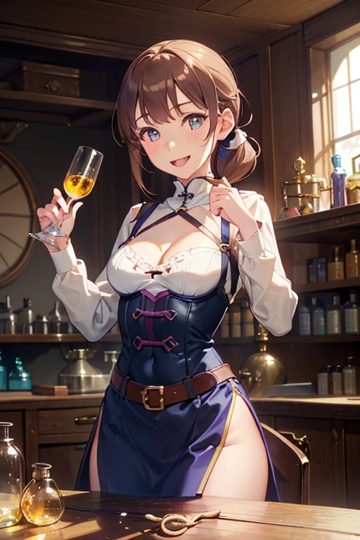 (fantasy:1.5),(8k,masterpiece, top quality, best quality,beautiful and aesthetic:1.2,professional illustrasion:1.1,ultra detail:1.3,perfect lighting),extremely detailed,highest detailed,incredibly absurdres , highres, ultra detailed,intricate:1.6,(Alchemy Workshop:1.4),A girl mixing,Medicine in many small bottles,holding small potion,colorful:1.4,zentangle,(a girl 26yo old),(cute girl),pointed chest:1.3,(double ed:1.4,under bust:1.4), Amazing Cleavathin waist, medium ass, Raised se (small brea 1.4) posed ce:1.2,(female alchen:1.3),(highly detailed beautiful face and eyes,firm breasts),oily skin,((bronde hair, ny tail hair)),thin pubic hair,cute,lovely,beautifuk alchemist costume,smile,in the Alchemy Workshop,smile,seductive weak smiling,(with sparkling eyes and a contagious smile),open mouth, Looking at Viewer,