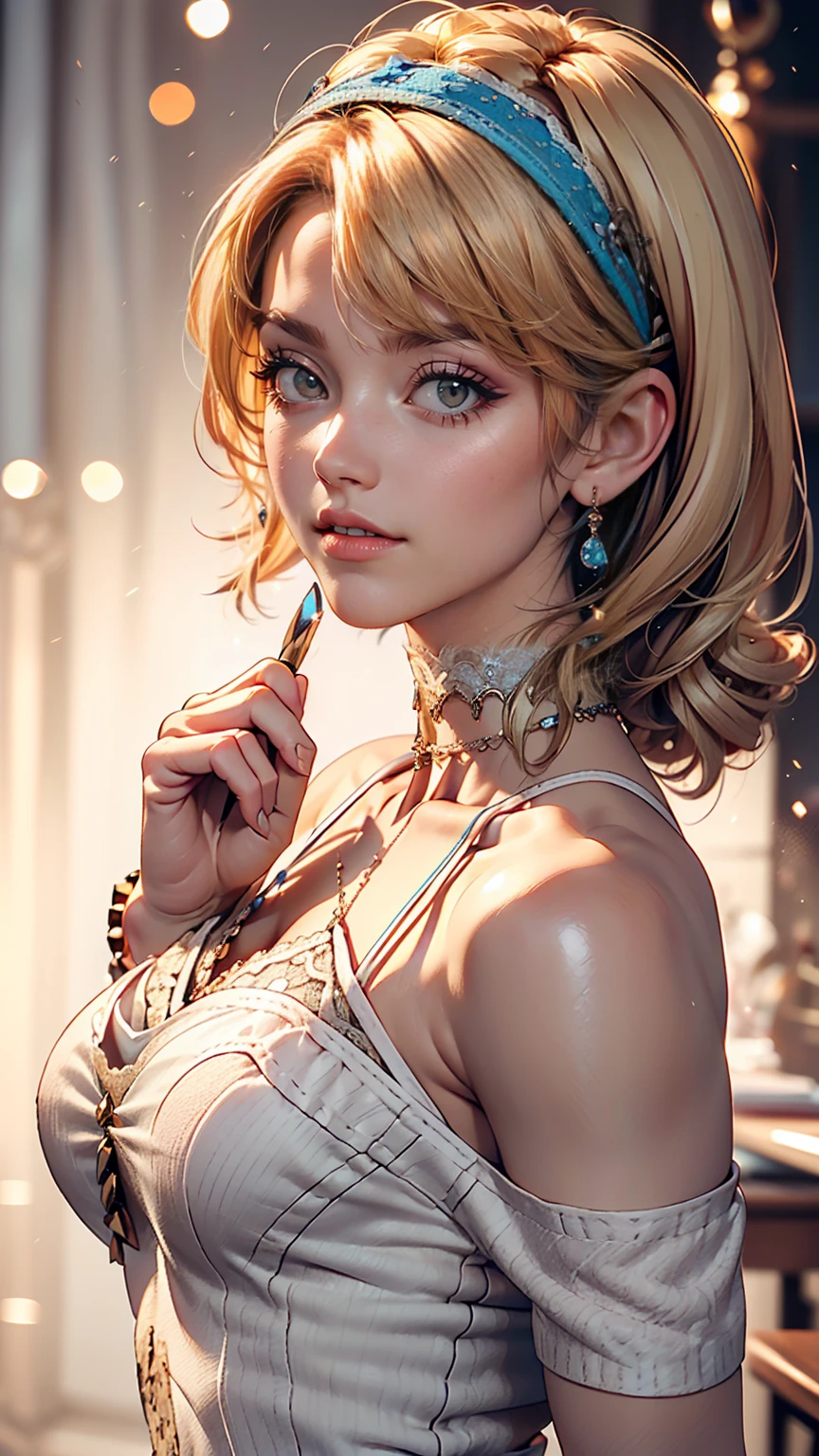 (8K, RAW Photos, highest quality, masterpiece:1.2), (Realistic, photo-Realistic:1.37)、Venus Body、Having her hair done、My chest is popping out、Wear accessories on your wrist、Wearing accessories on the ankle、Background blur((depth of field)、smile、White woman、Platinum Blonde、blue eyes、Vertical roll on one side((side drill))、high neck halter(high neck halter)wear、Wear mules、smile、Headband((hairband))、Wear a lace choker、Colored eyelashes((colored eyelashes))、Brush your hair back