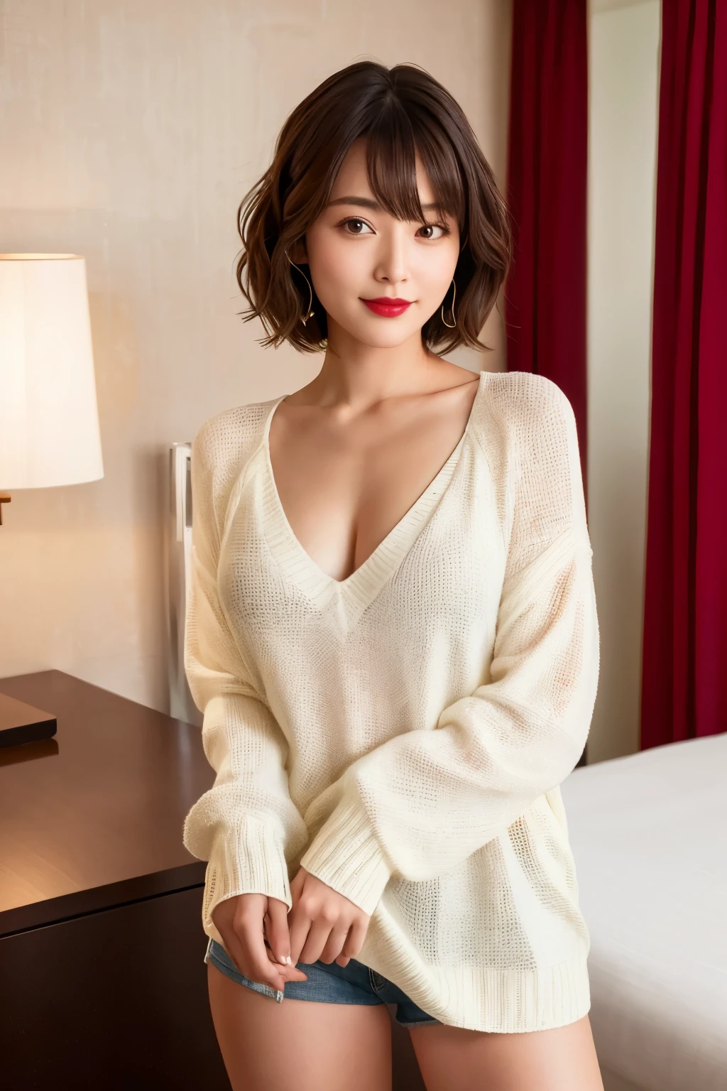 highest quality, Realistic, Very detailed, High resolution, 8k wallpaper, RAW Photos, Professional photography, 1 sexy Japanese woman, Red lips, Standing in a contemporary hotel room, ((Looking into the camera)), (Thighs), short hair, Bob Hair, (Ultra detailed face), (Ultra-detailed facial expressions), Shapely small breasts, Loose long V-neck see-through knit sweater, Sexy pose