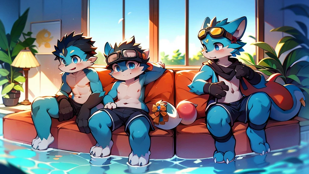 Chinese dragon boy,Gray fur,???????, mammal, hairy,Aqua blue eyes,upscale hotel,Blue and black gradient swimming trunks quality,black fingerless gloves,goggles,