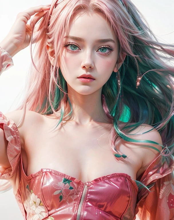 young woman, short shoulder-length pink hair, wide forehead, porcelain skin, pink eyebrows, big emerald green eyes, buttoned nose, full lips, heart-shaped face, slender body, small breasts, red tank top, Sakura Haruno , realistic, realism, details, 3d, well detailed