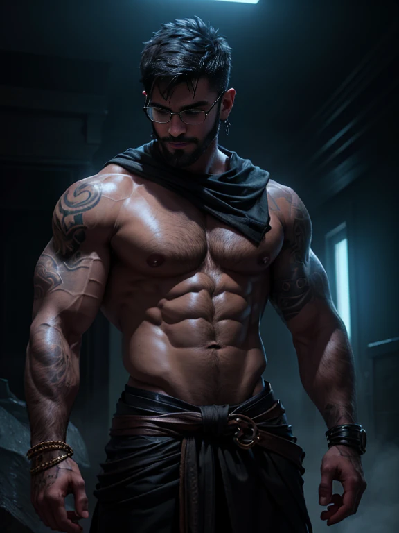 a ripped muscular male deity with bare chest, short black hair, beard, piercing purple eyes, glasses, cloth wrapped around wrists, intricate tattoos on chest, lip piercings, masterpiece, highly detailed, cinematic lighting, volumetric fog, dramatic pose, chiaroscuro lighting, moody atmosphere, vibrant colors, digital painting, concept art style