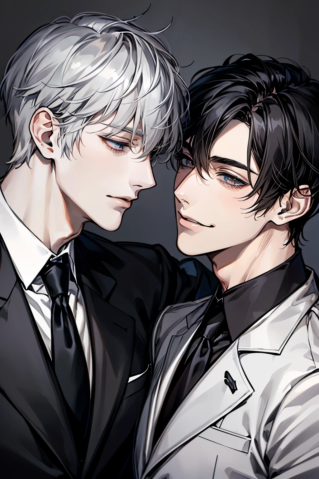 (Mastepiece), (Best Quality), Very detailed, ((Two Men:1.5)), Perfect Face, Beautiful Face, Very detailedな顔,(Black-haired man:1.3),(Grey-haired man:1.3),suit,shirt,smile