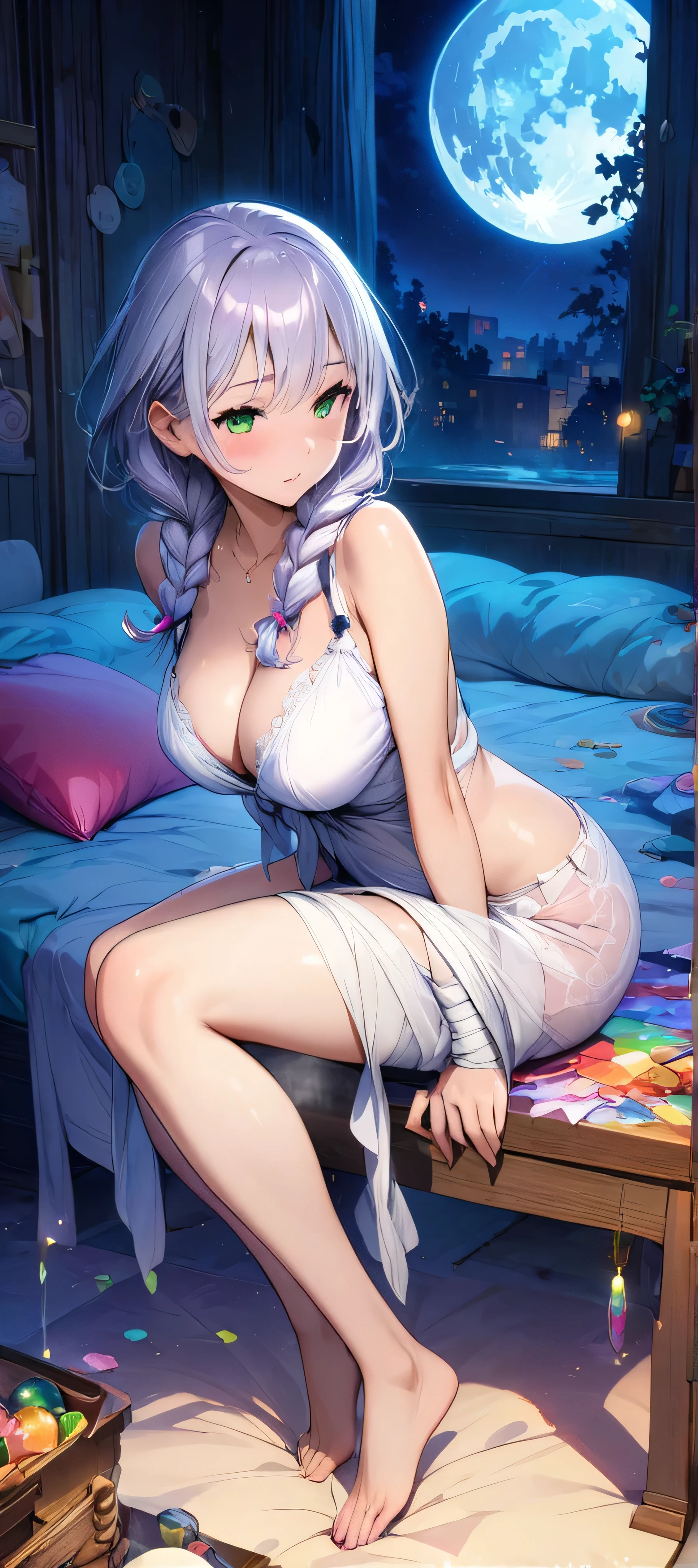 (masutepiece, of the highest quality, Best Quality, Official art, Beautiful and aesthetic:1.2), Extremely detailed,(Colorful:1.1),highest details, one arafed woman with braids white hair and pink tips and green eyes, big breast, sfw, tied up in bed, night, blue moon