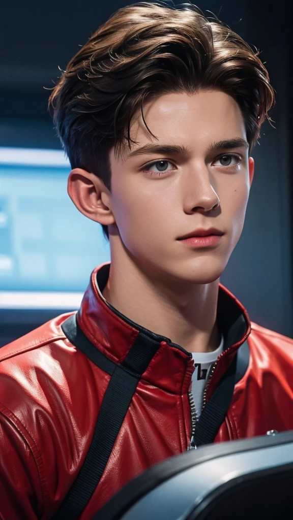 Tom holland, face focus, realistic, face details, henricastelli, wearing a red jacket, futuristic, headphones, shiny