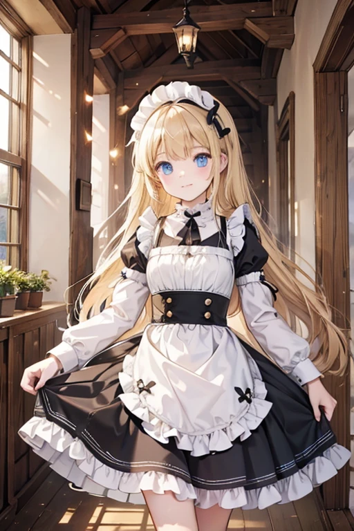(8k, highest quality, Tabletop:1.2)、Ultra-high resolution、14-year-old girl, Perfect Fingers, Detailed face, blue eyes, blonde, Braiding、Black maid outfit, Western-style building、Entrance、Handrail Cleaning of Stairs